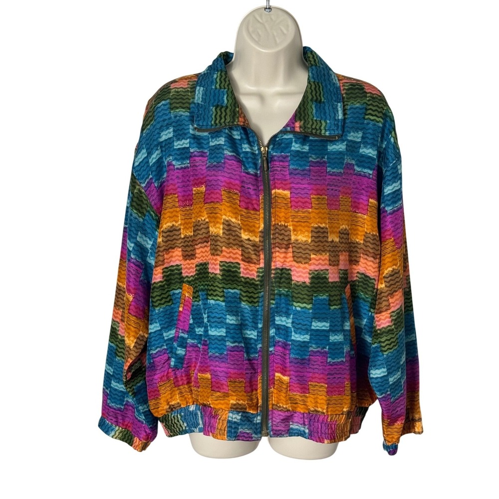 East West Silks Vintage Multicolor Geometric Silk Jacket‎ Zip Front Small